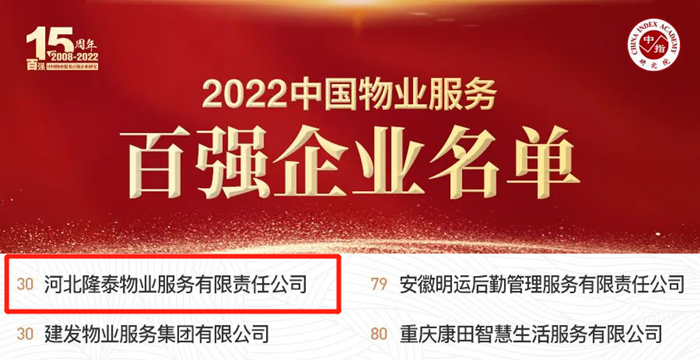 榮耀再續(xù) | 隆泰物業(yè)榮膺“中國(guó)物業(yè)服務(wù)百?gòu)?qiáng)企業(yè)”第30位！(圖2)